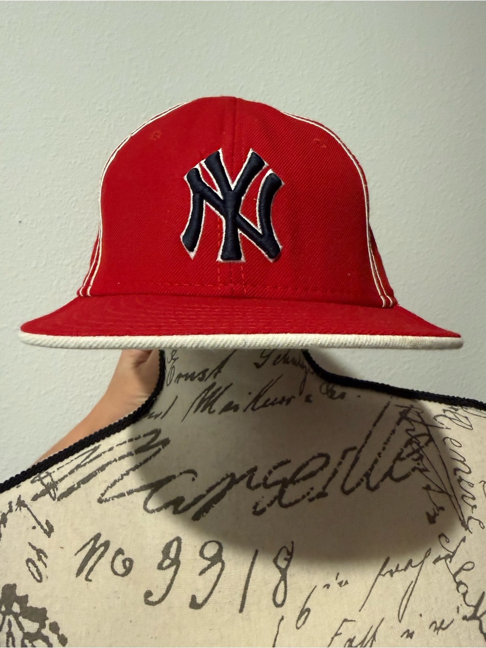 Genuine NY Yankee New Era Red Ivory Navy 59FIFTY Fitted Cap w/Black Sweatband